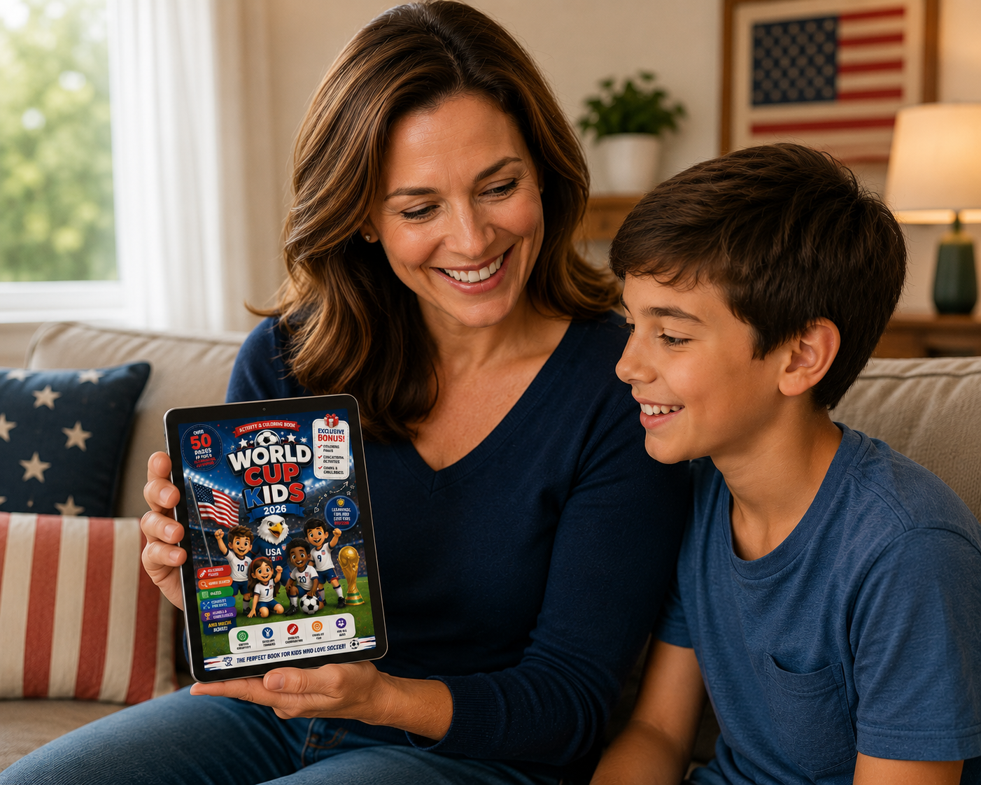 Mother and son enjoying the World Cup Kids activity book on a tablet