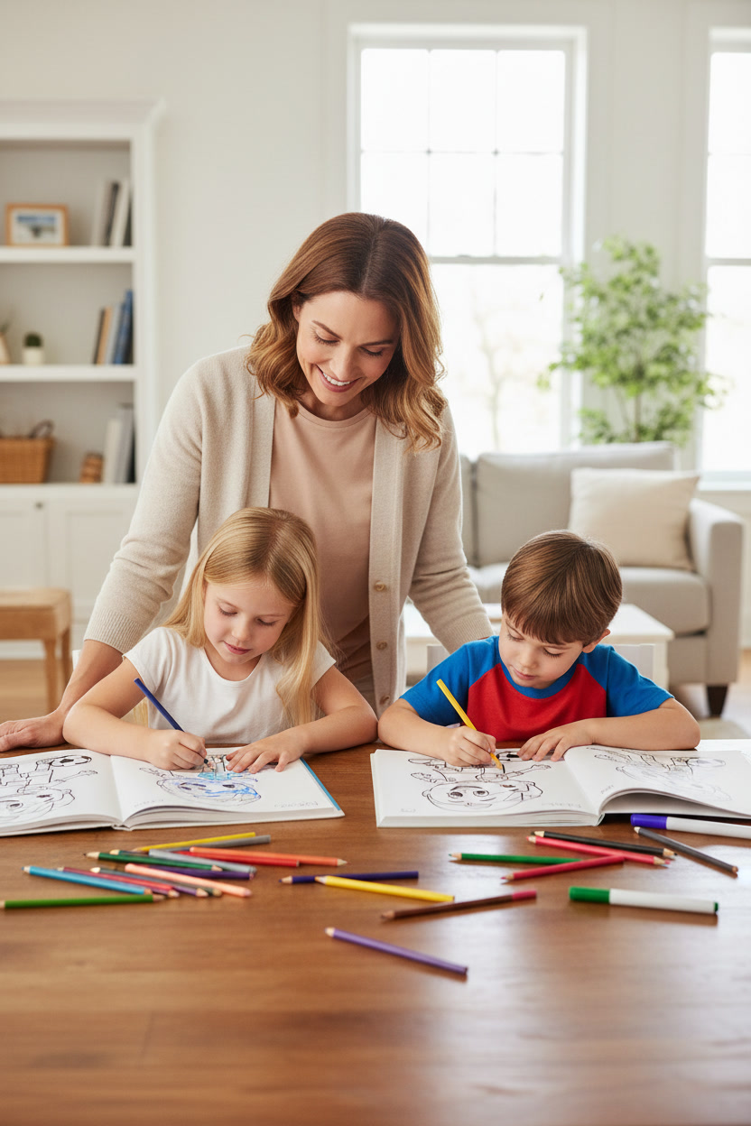 American mother smiling as her two children color World Cup activity pages at home
